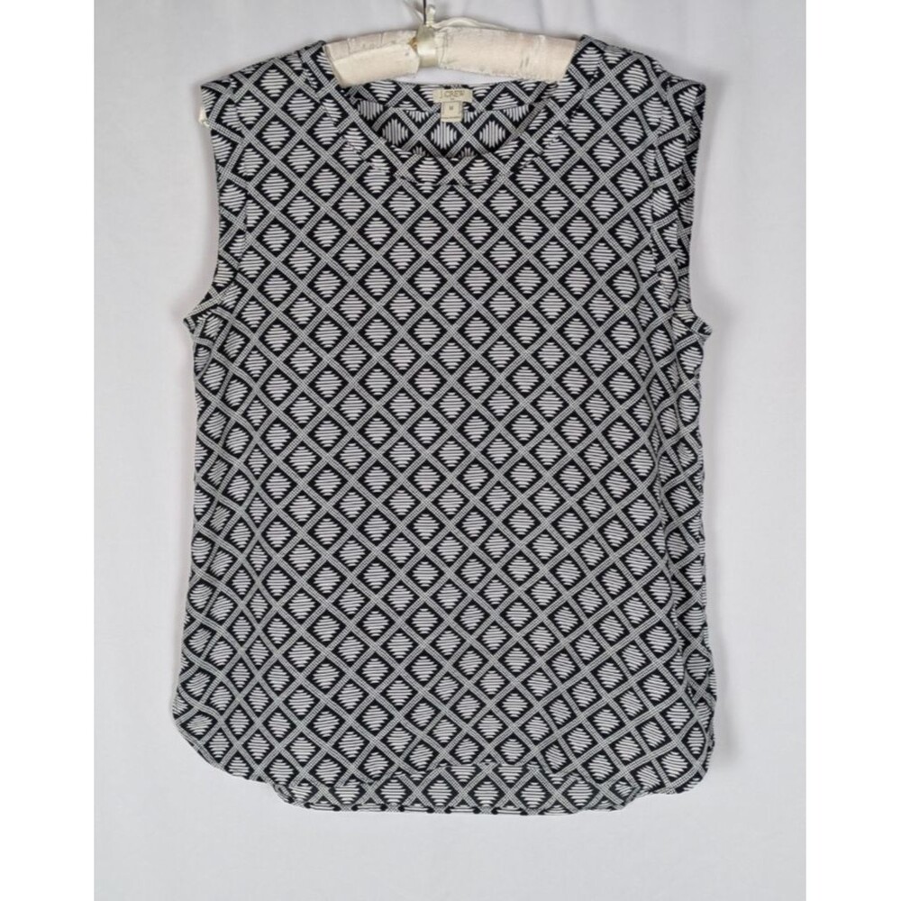 J.Crew Black White Abstract Geometric Tank Top Curved Hem Blouse M Preppy